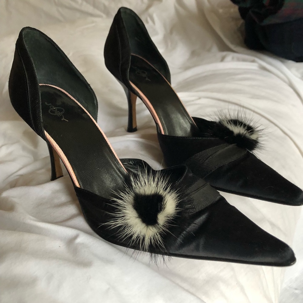 Black Satin and Mink Heels sz 8